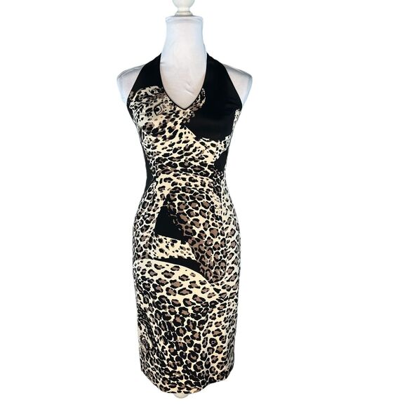 Kay Unger Size 2 Silk Halter Leopard Print Stretch Pencil Sheath Dress - Picture 1 of 7